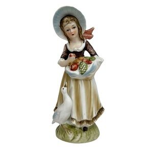 Vintage Lefton Harvest Figurine #6988 Bisque Porcelain Girl With Goose